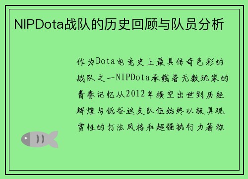 NIPDota战队的历史回顾与队员分析